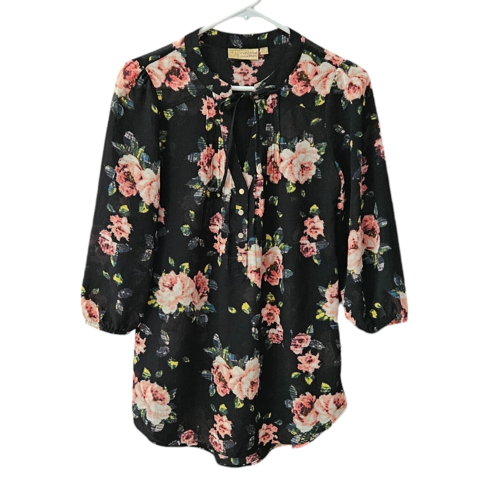 Vera Wang Princess Floral Blouse Top Women Medium Black Pink Sheer 3/4 Sleeves